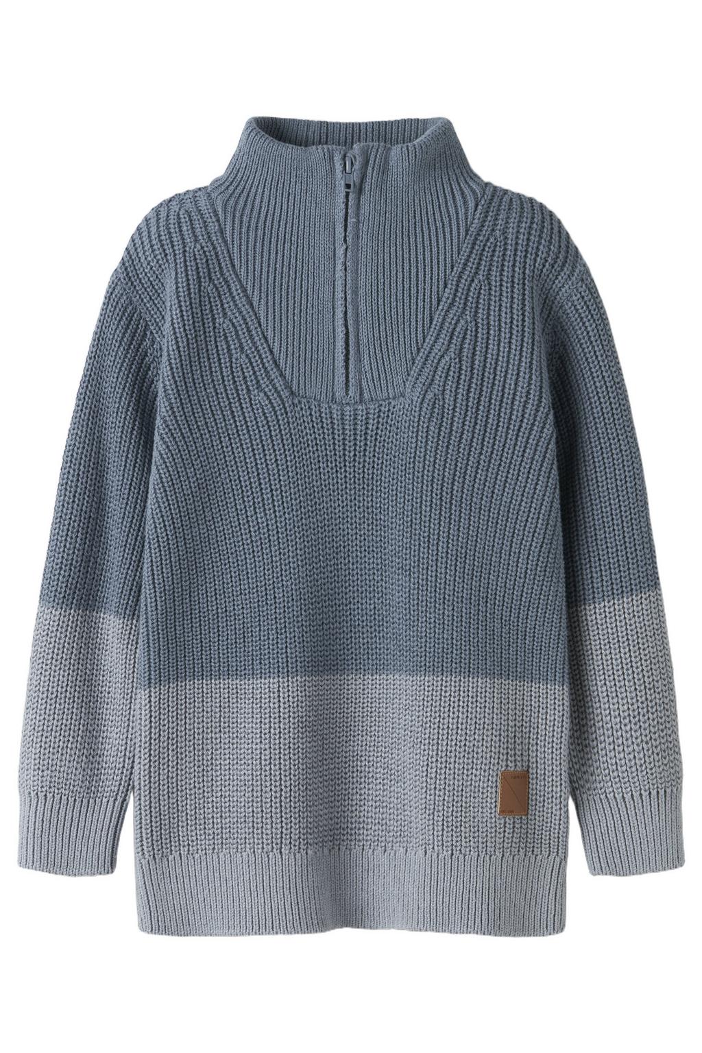Blauw en grijze jongens NAME IT MINI katoenen gebreide trui met meerkleurige print, lange mouwen, col en halve rits