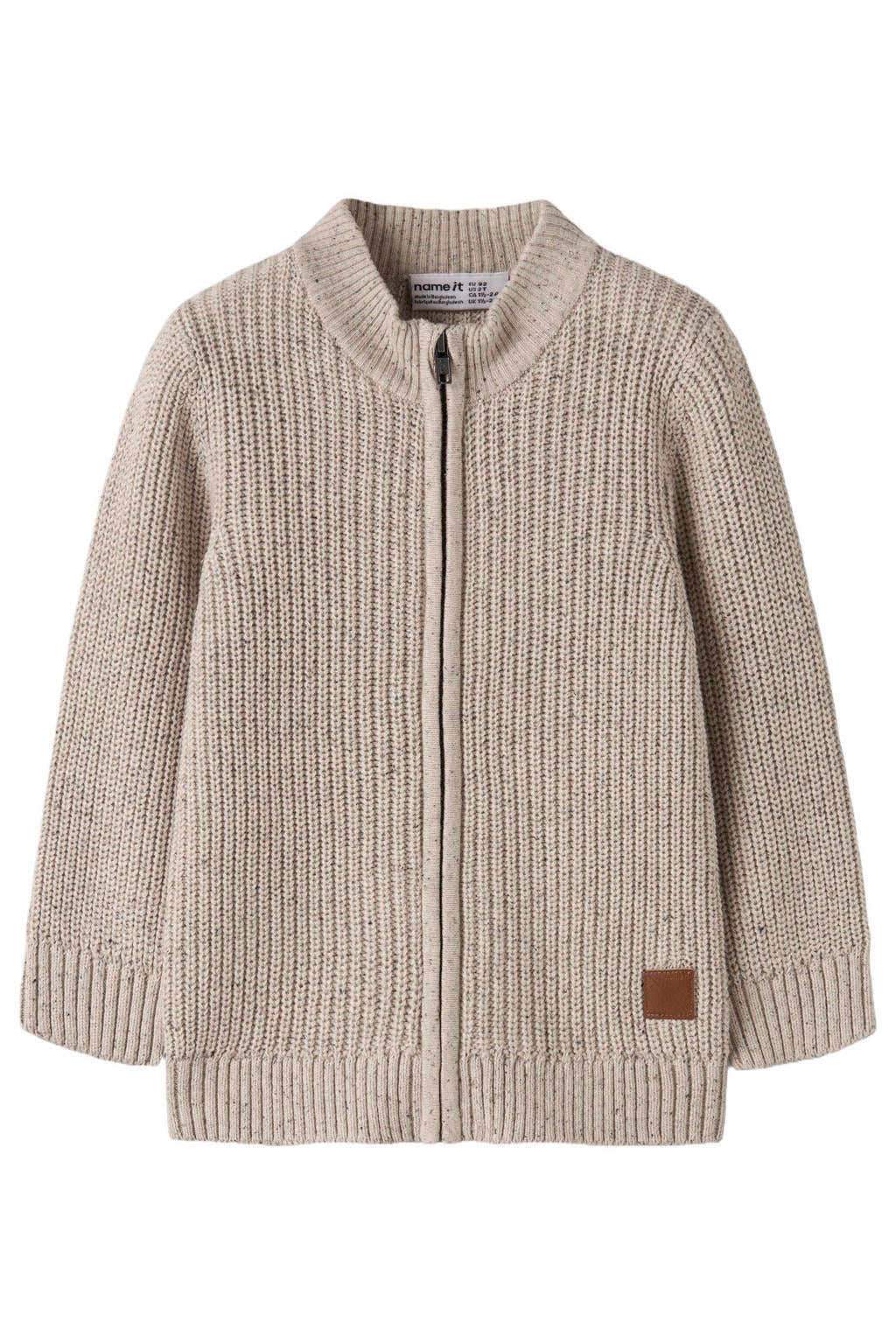 Beige jongens NAME IT MINI rechtvallend gebreid vest van katoen met effen, lange mouwen, ronde hals en ritssluiting