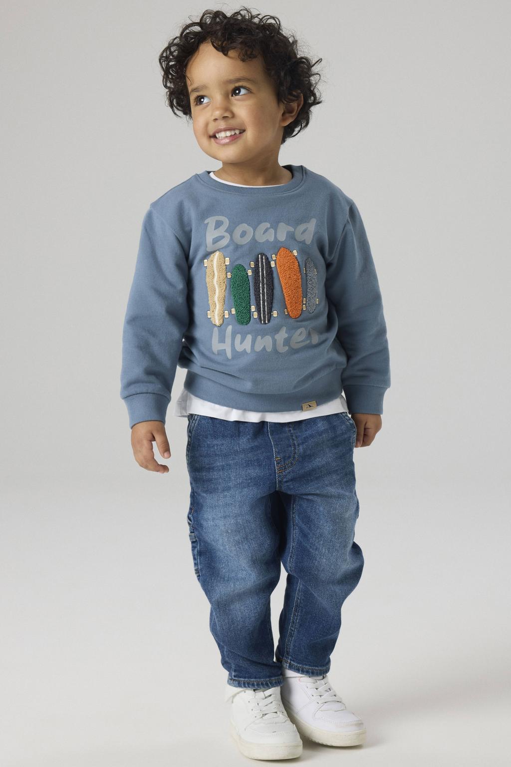 Grijsblauwe jongens NAME IT MINI rechtvallende sweater en print blauw met lange mouwen, ronde hals en patches