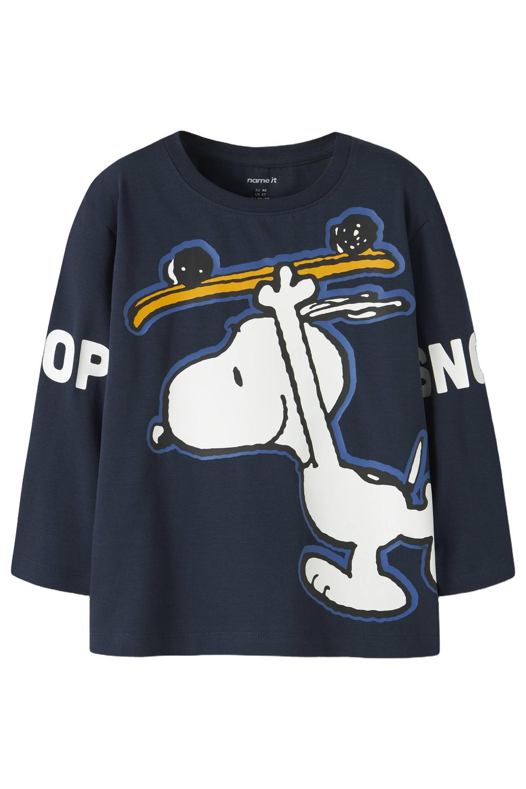 Donkerblauwe jongens NAME IT MINI Snoopy longsleeve van stretchkatoen met personage print, lange mouwen en ronde hals