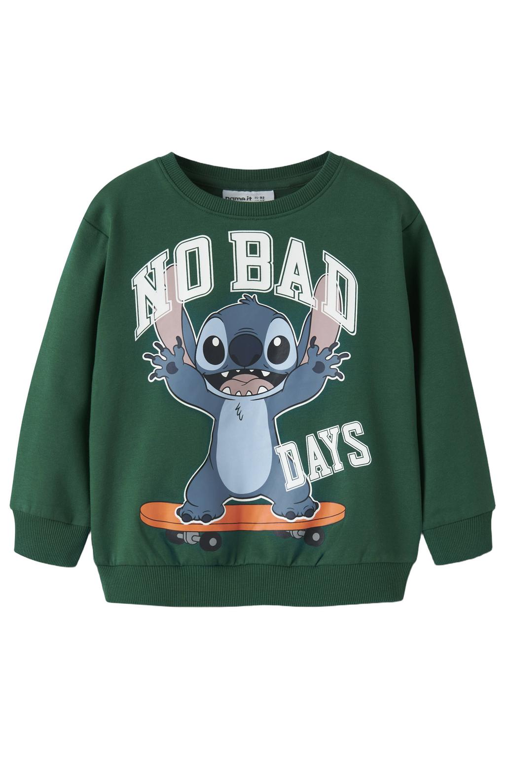 Groene jongens NAME IT MINI Lilo & Stitch sweater met printopdruk, lange mouwen, ronde hals en geribde boorden