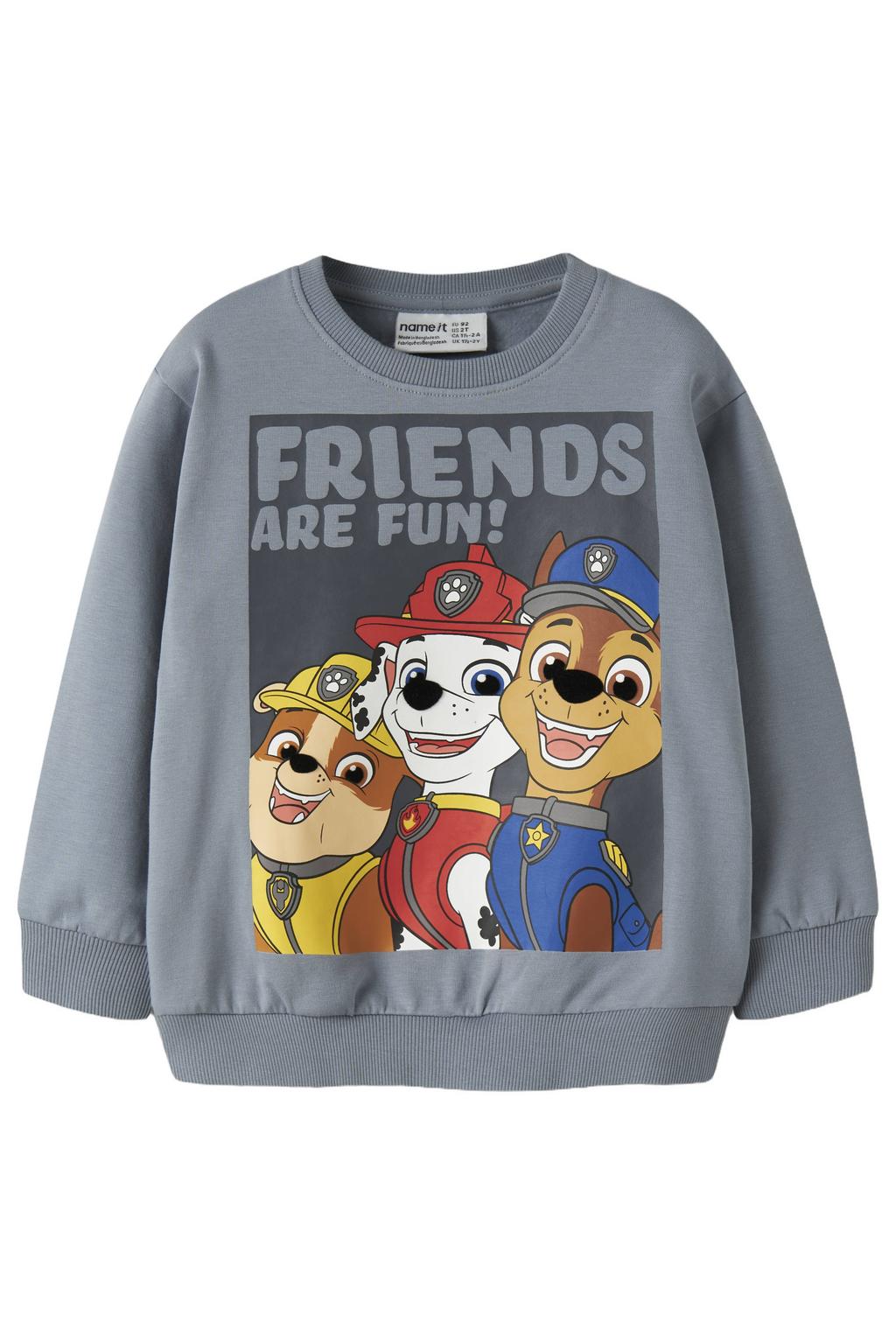 Lichtblauwe jongens NAME IT MINI trui van sweat materiaal met printopdruk, lange mouwen, ronde hals en geribde boorden