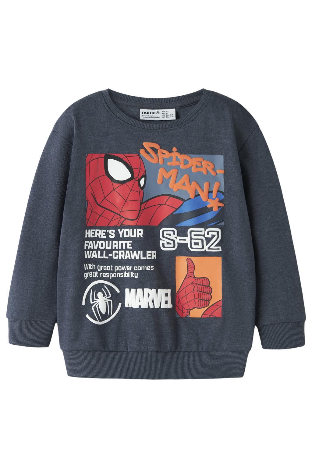 Grijsblauwe jongens NAME IT MINI Spiderman sweater blauw met printopdruk, lange mouwen, ronde hals en geribde boorden