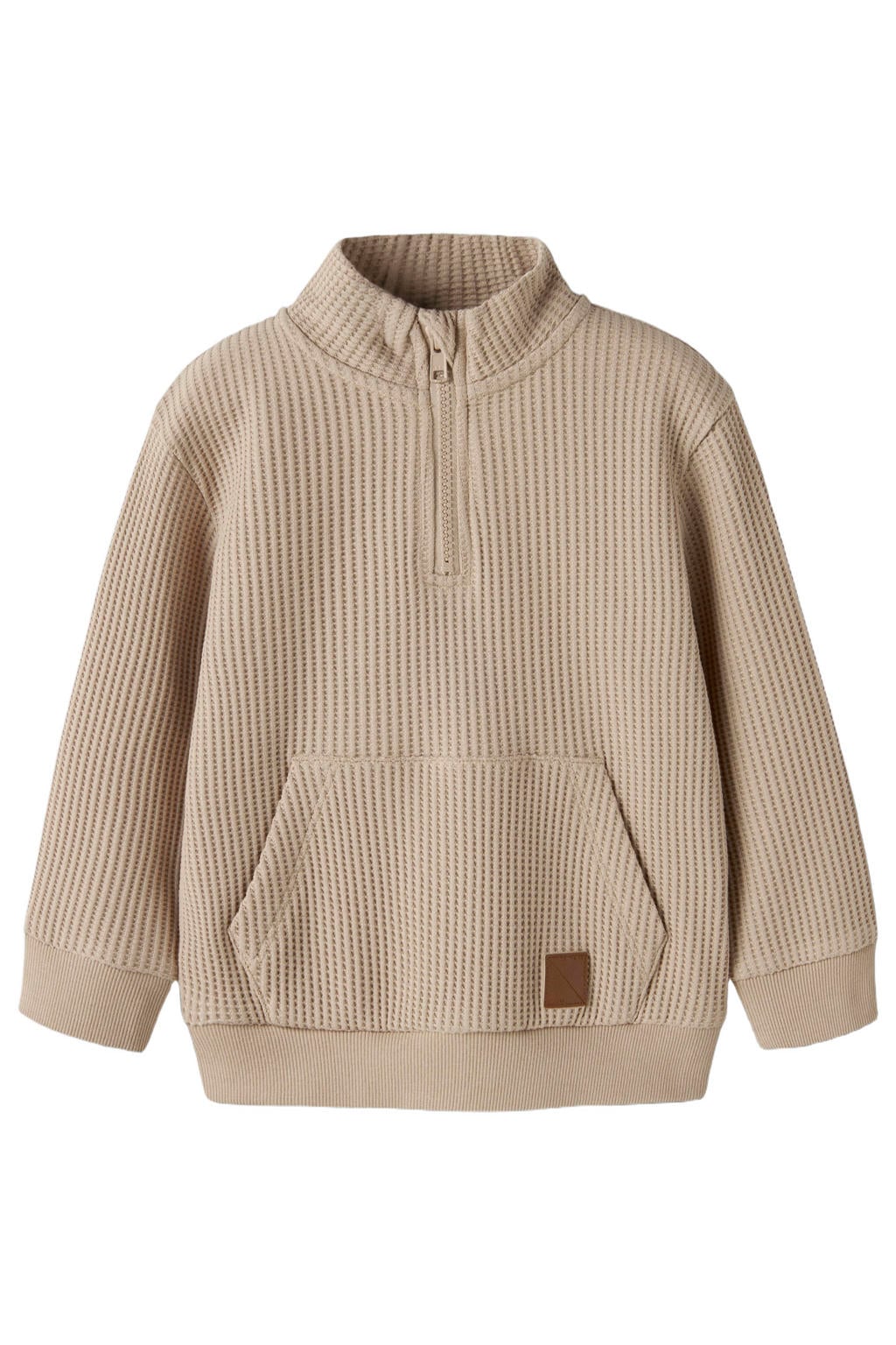 Beige jongens NAME IT MINI gebreide trui van katoen met effen, lange mouwen en opstaande kraag