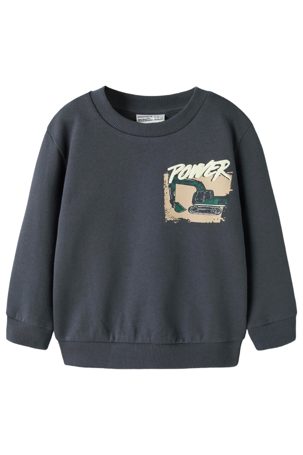 Antraciete jongens NAME IT MINI sweater met backprint, lange mouwen, ronde hals en geribde boorden