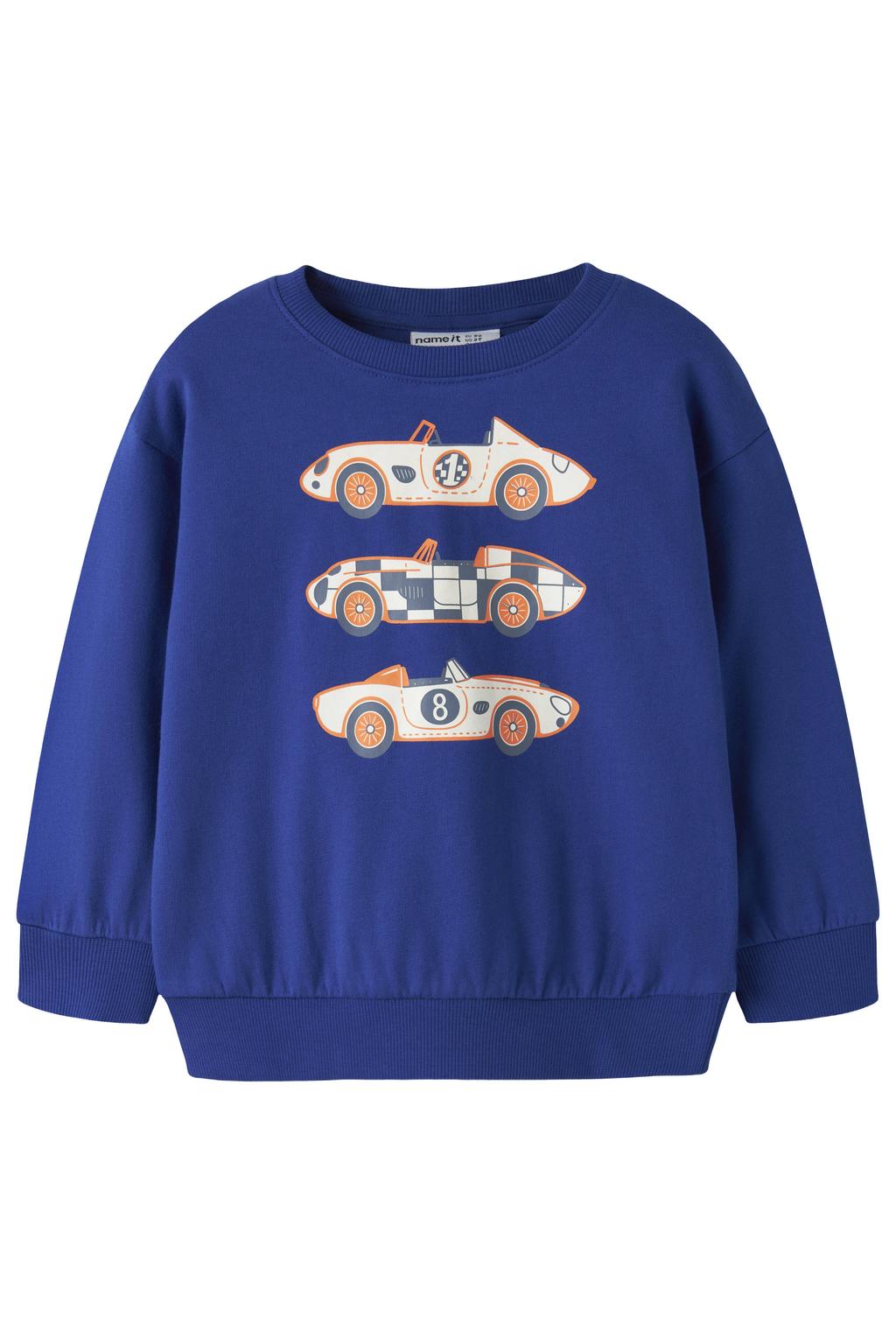 Blauwe jongens NAME IT MINI rechtvallende sweater met printopdruk, lange mouwen en ronde hals