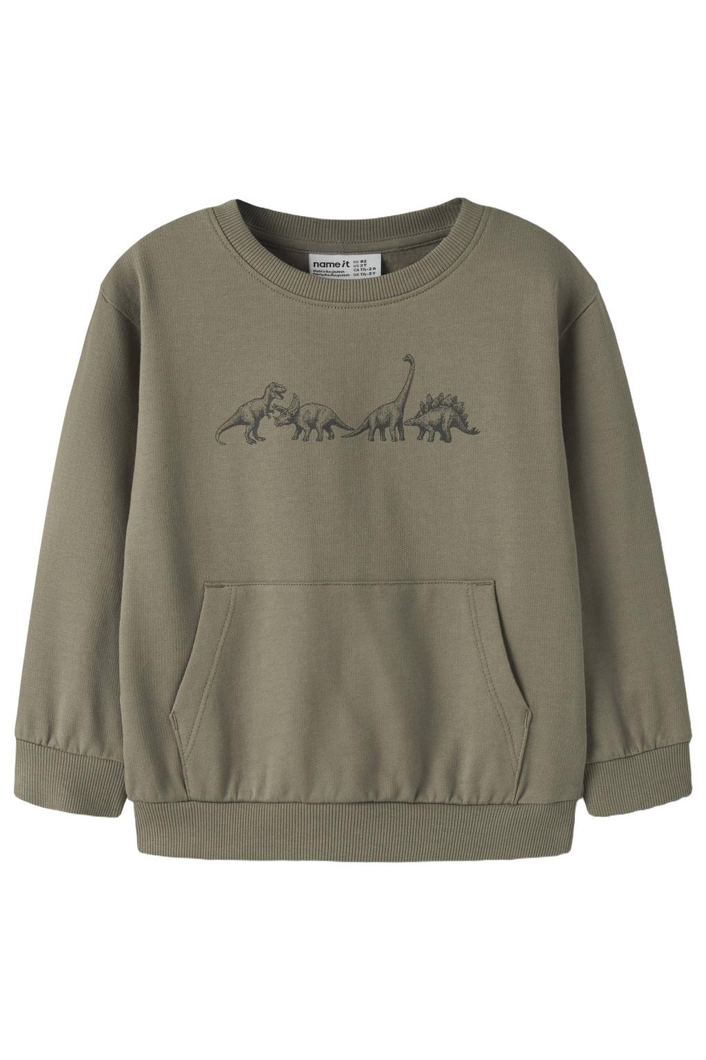 Groene jongens NAME IT MINI rechtvallende sweater met printopdruk, lange mouwen en ronde hals