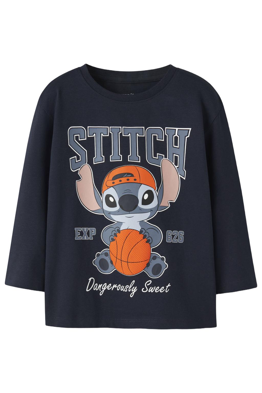 Donkerblauwe jongens NAME IT MINI Lilo & Stitch longsleeve met printopdruk, lange mouwen en ronde hals