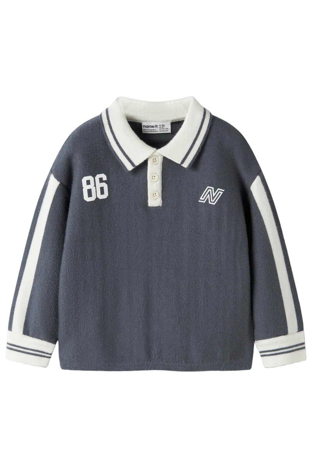 Grijsblauwe jongens NAME IT MINI gebreide gestreepte trui blauw van viscose met meerkleurige print, lange mouwen, polo kraag en knoopsluiting