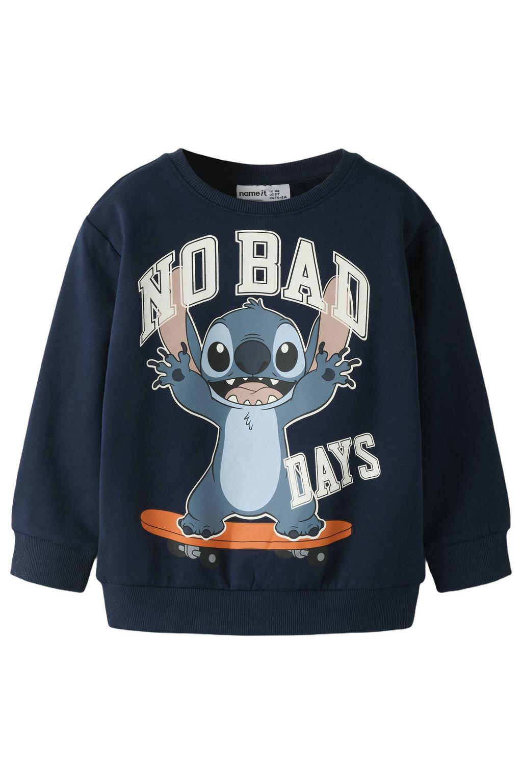 Donkerblauwe jongens NAME IT MINI Lilo & Stitch sweater met printopdruk, lange mouwen, ronde hals en geribde boorden