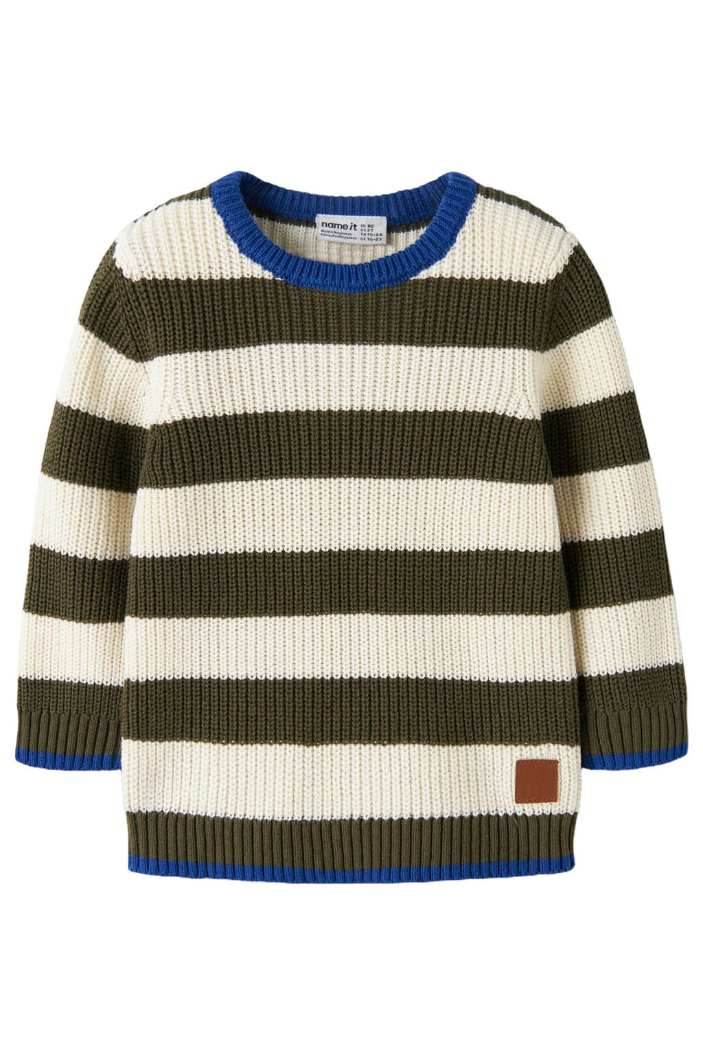 Donkergroen en ecru jongens NAME IT MINI katoenen oversized gestreepte trui met lange mouwen, ronde hals en grof gebreide details