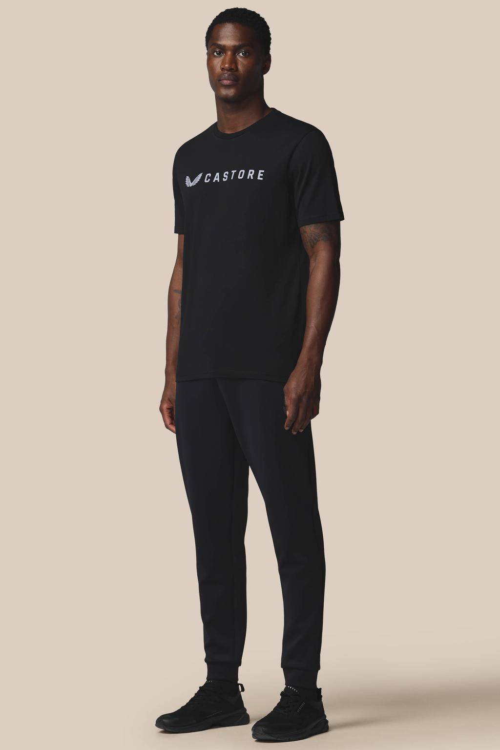 Zwarte heren Castore T-shirt met logo dessin, korte mouwen en ronde hals
