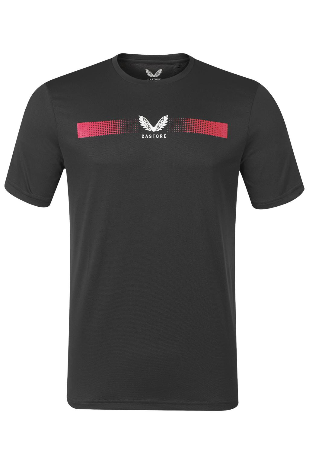 Zwart en rode heren Castore sportshirt van polyester met logo dessin, korte mouwen en ronde hals