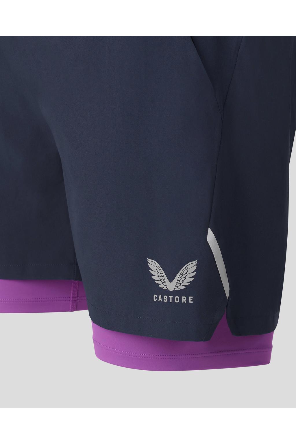 Donkerblauw en roze heren Castore 2-in-1 sportshort van polyester met elastische tailleband met koord