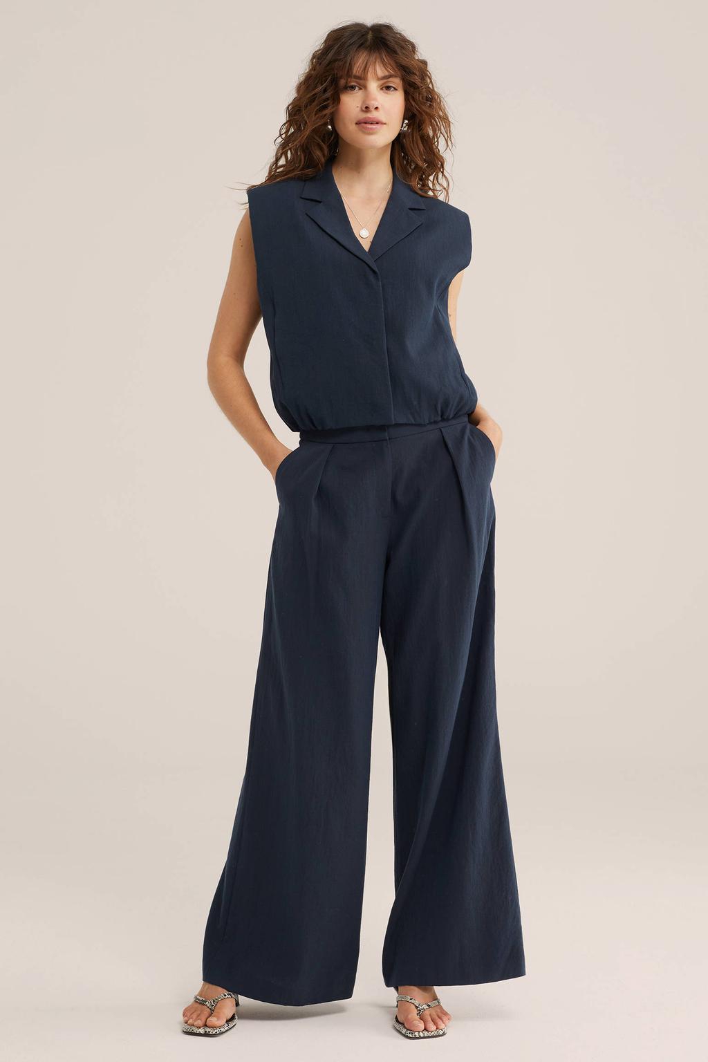 Blauwe dames WE Fashion viscose wide leg broek met rits, haak- en knoopsluiting en effen