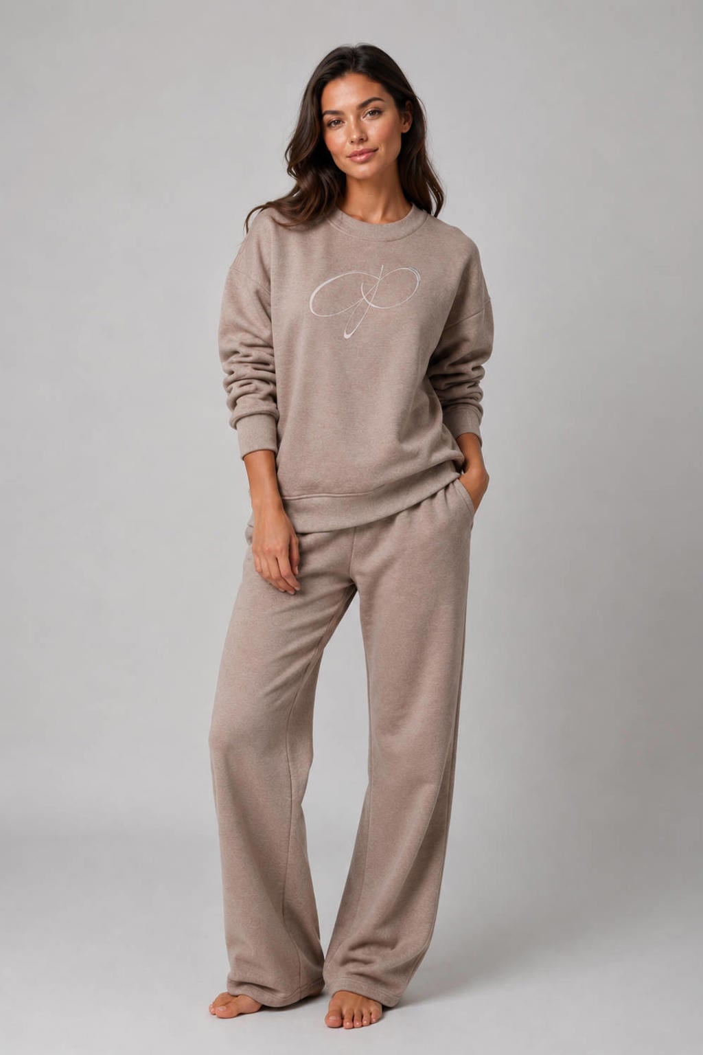 Taupe dames Papillon joggingbroek van katoen met loose fit, regular waist, elastische tailleband en effen