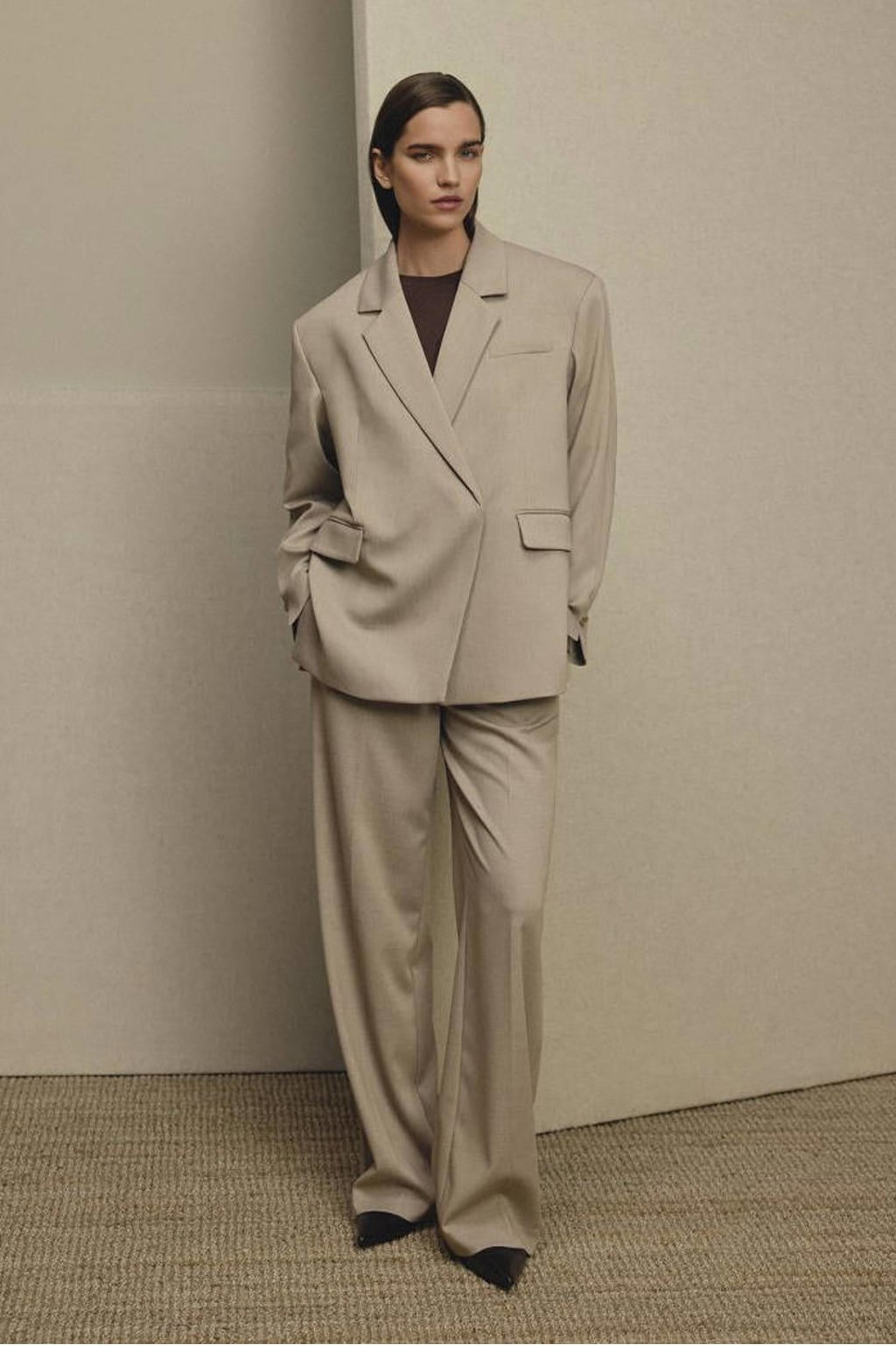 Beige dames MSCH Copenhagen oversized blazer van polyester met effen, lange mouwen, reverskraag en knoopsluiting