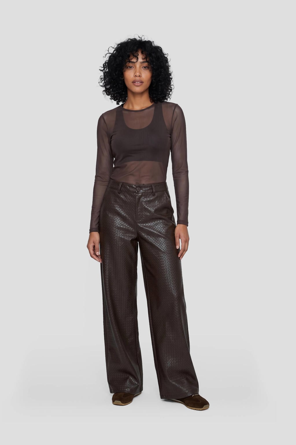 Bruine dames MSCH Copenhagen top van polyester met effen, lange mouwen en ronde hals