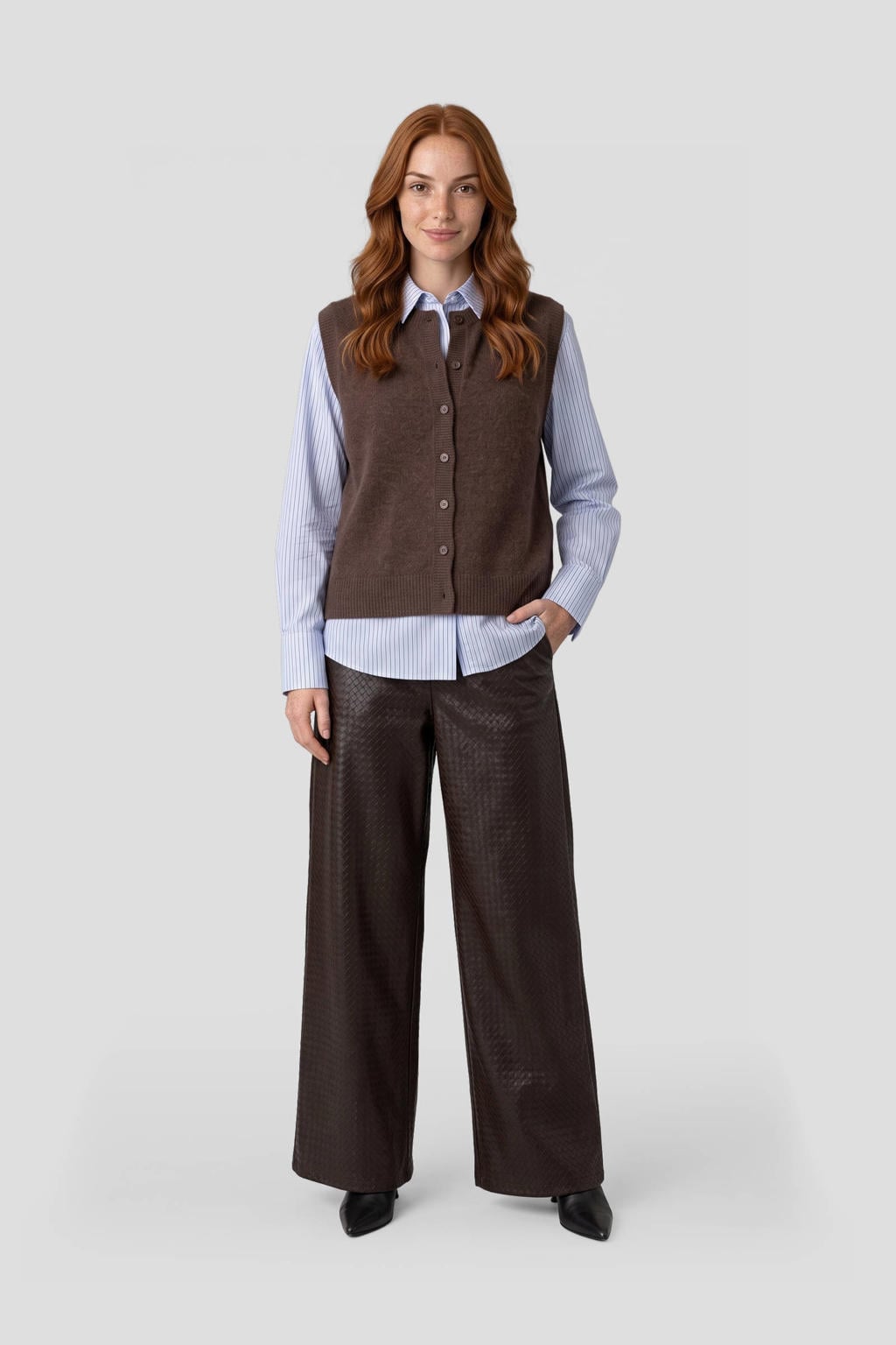 Bruine dames MSCH Copenhagen gebreide trui van nylon met effen, lange mouwen en ronde hals