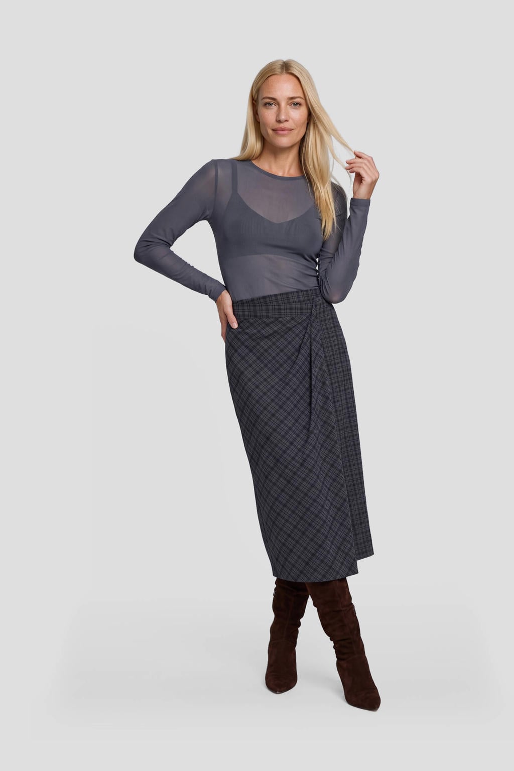 Blauwe dames MSCH Copenhagen top van polyester met effen, lange mouwen en ronde hals