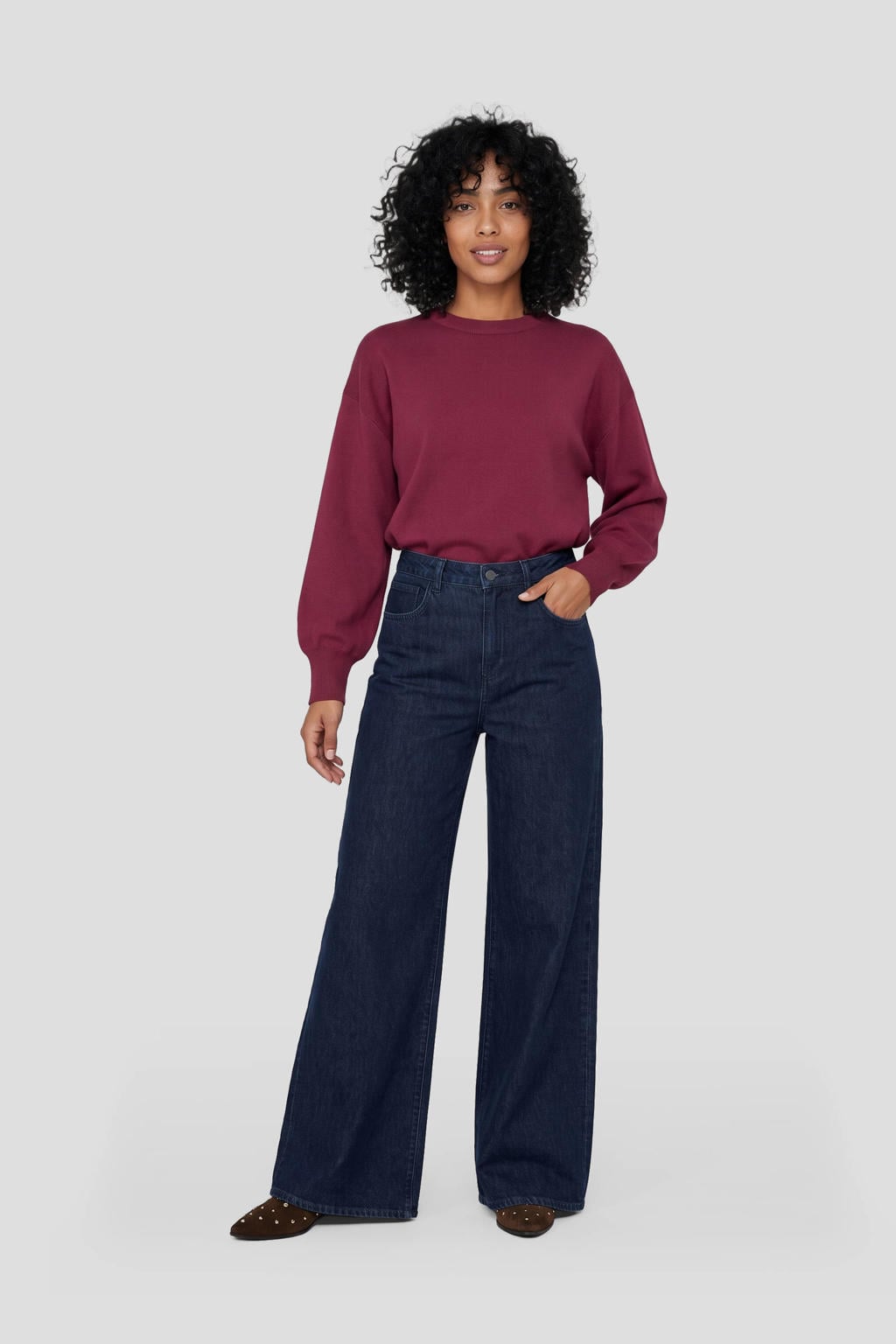 Rode dames MSCH Copenhagen sweater van viscose met effen, lange mouwen en ronde hals