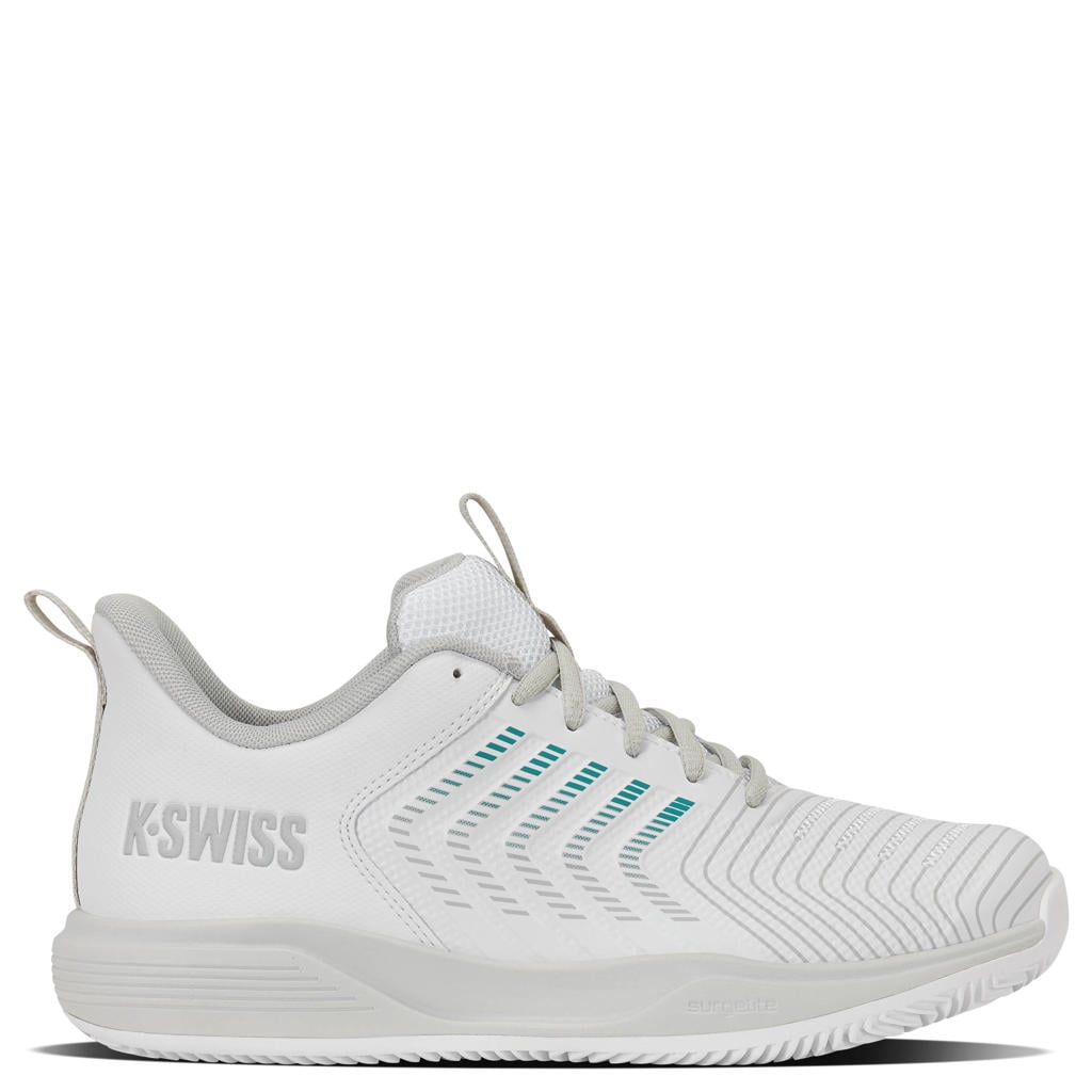 Wit en lichtblauwe heren K-Swiss ULTRASHOT LIGHT CLAY mesh tennisschoenen - van mesh-pu/voering: mesh/voetbed: eva met veters