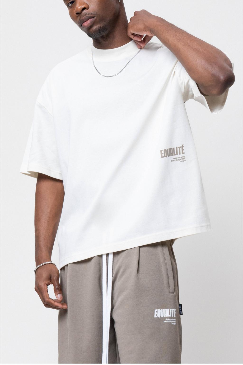 Ecru heren Equalité oversized T-shirt van katoen met backprint, korte mouwen en ronde hals