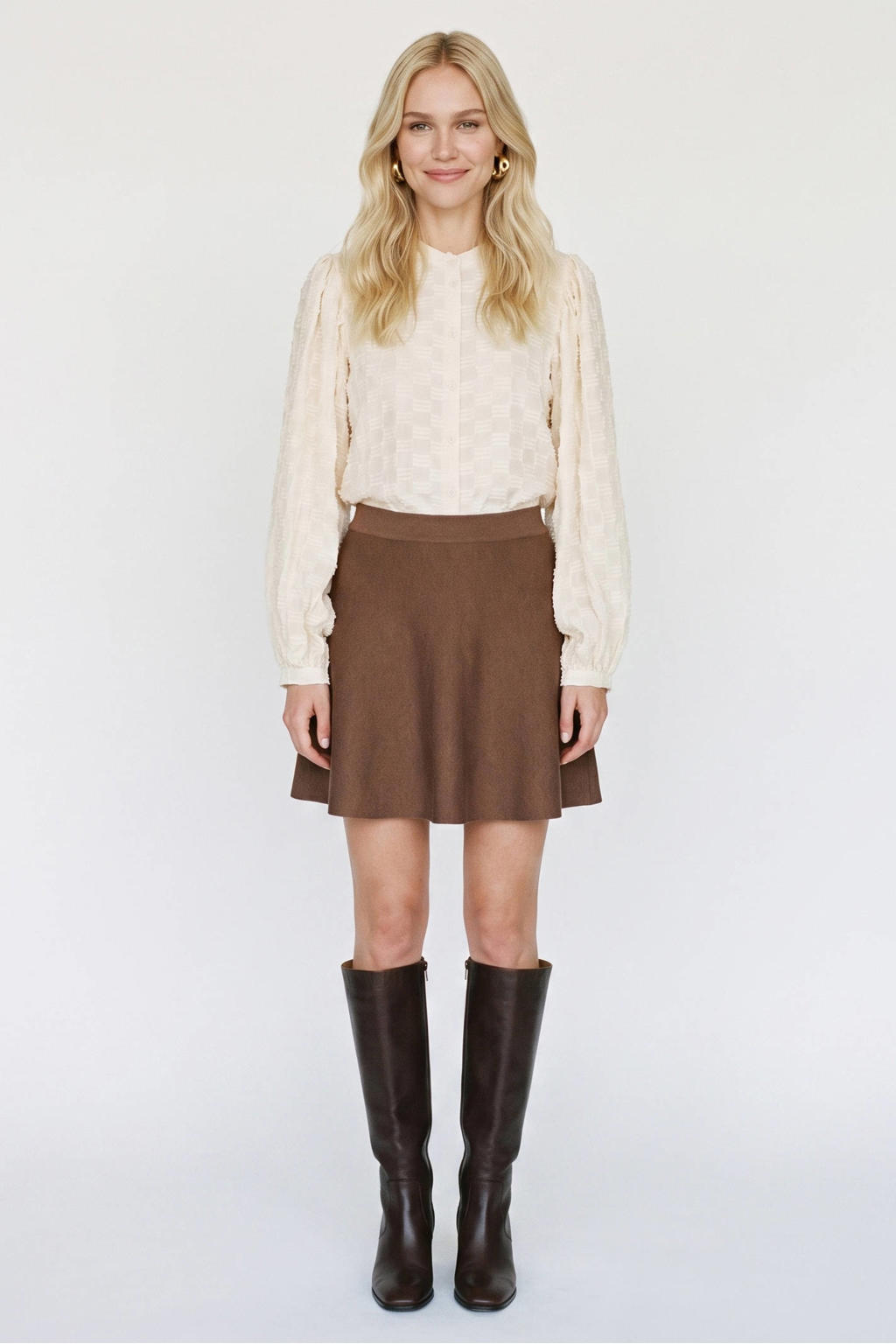 Ecru dames VERO MODA blouse van polyester met effen, lange mouwen, ronde hals, knoopsluiting en geweven detail