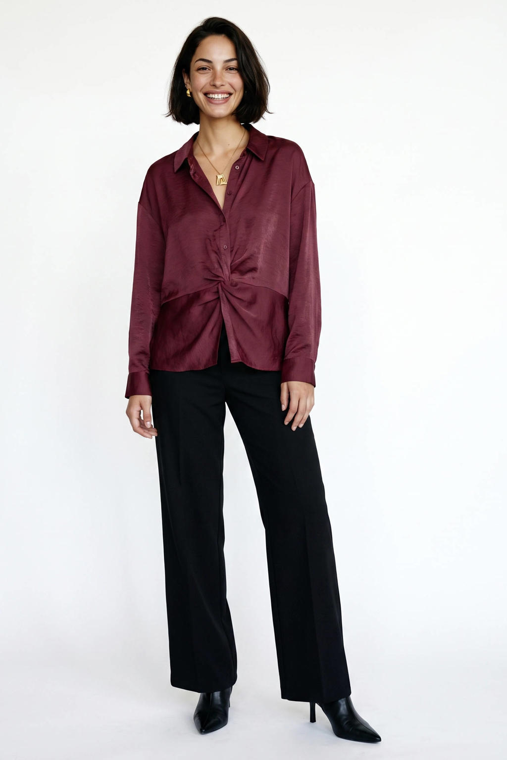 Donkerrode dames VERO MODA blouse van viscose met effen, lange mouwen, klassieke kraag, knoopsluiting en knoopdetail