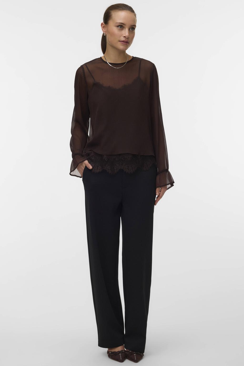 Bruine dames VERO MODA top van polyester met effen, lange mouwen, ronde hals en kant