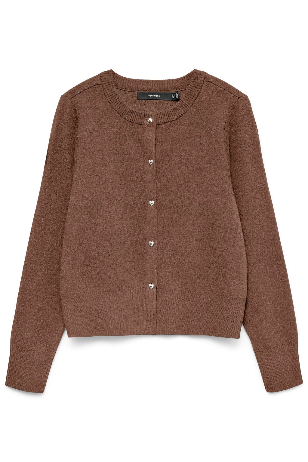 Bruine dames VERO MODA rechtvallend gebreide vest met effen, lange mouwen, ronde hals en knoopsluiting