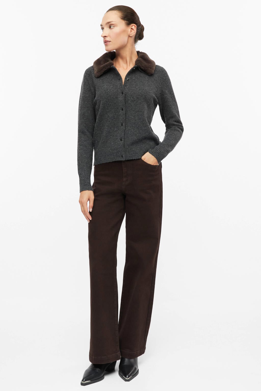 Grijze dames s.Oliver BLACK LABEL gebreid vest met effen, lange mouwen, klassieke kraag en knoopsluiting