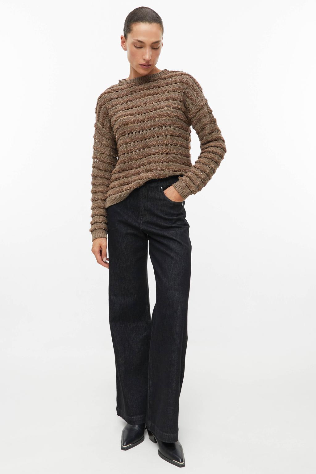 Bruine dames s.Oliver BLACK LABEL gebreide trui van polyester met effen, lange mouwen, ronde hals en textuur