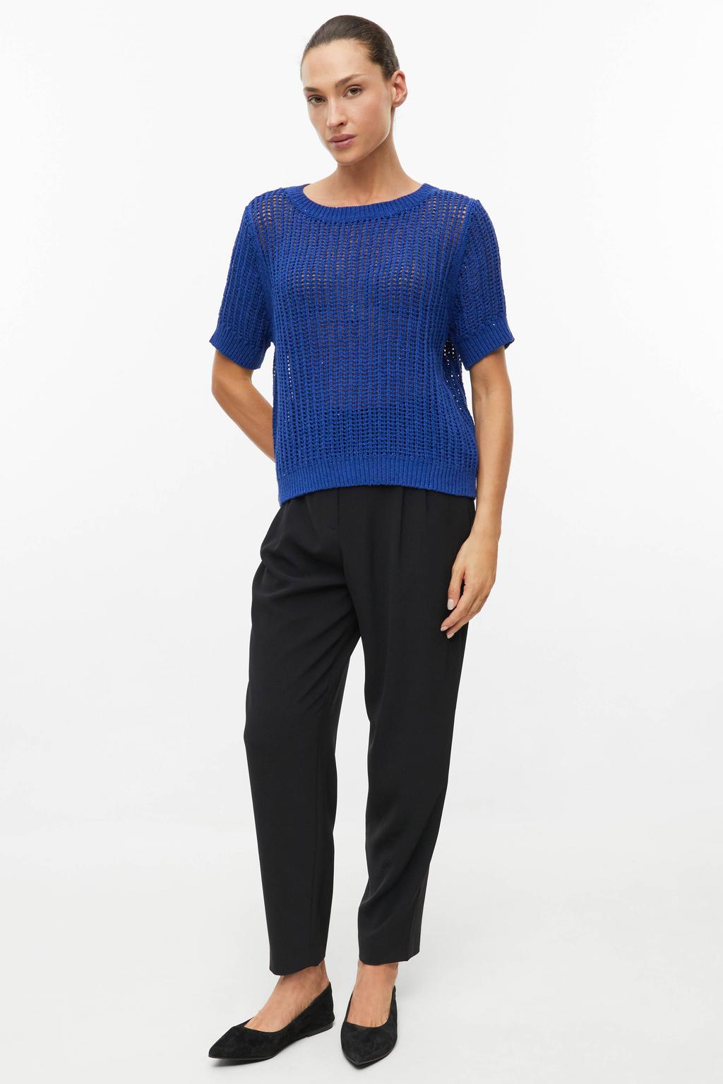 Blauwe dames s.Oliver BLACK LABEL gebreide trui van katoen met effen, korte mouwen en ronde hals