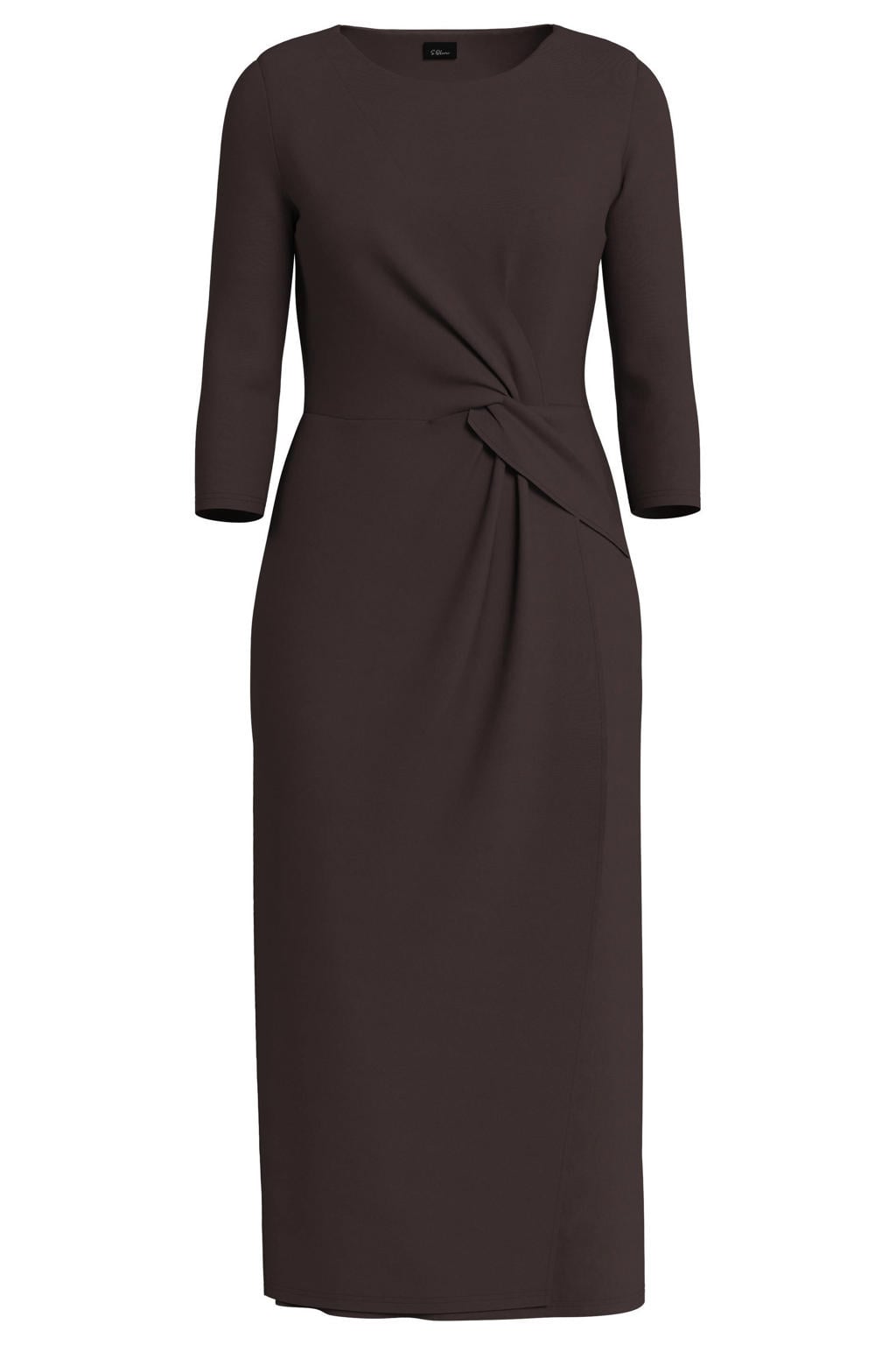 Donkerblauwe dames s.Oliver BLACK LABEL midi kokerjurk van polyester met effen, driekwart mouwen en ronde hals