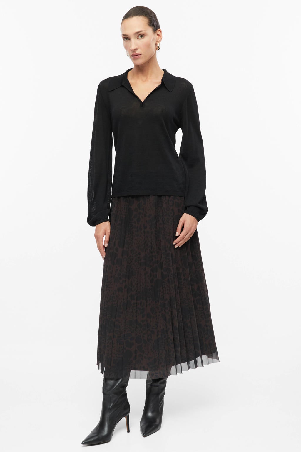 s.Oliver BLACK LABEL semi-transparante midi plissé rok met panterprint - donkerbruin