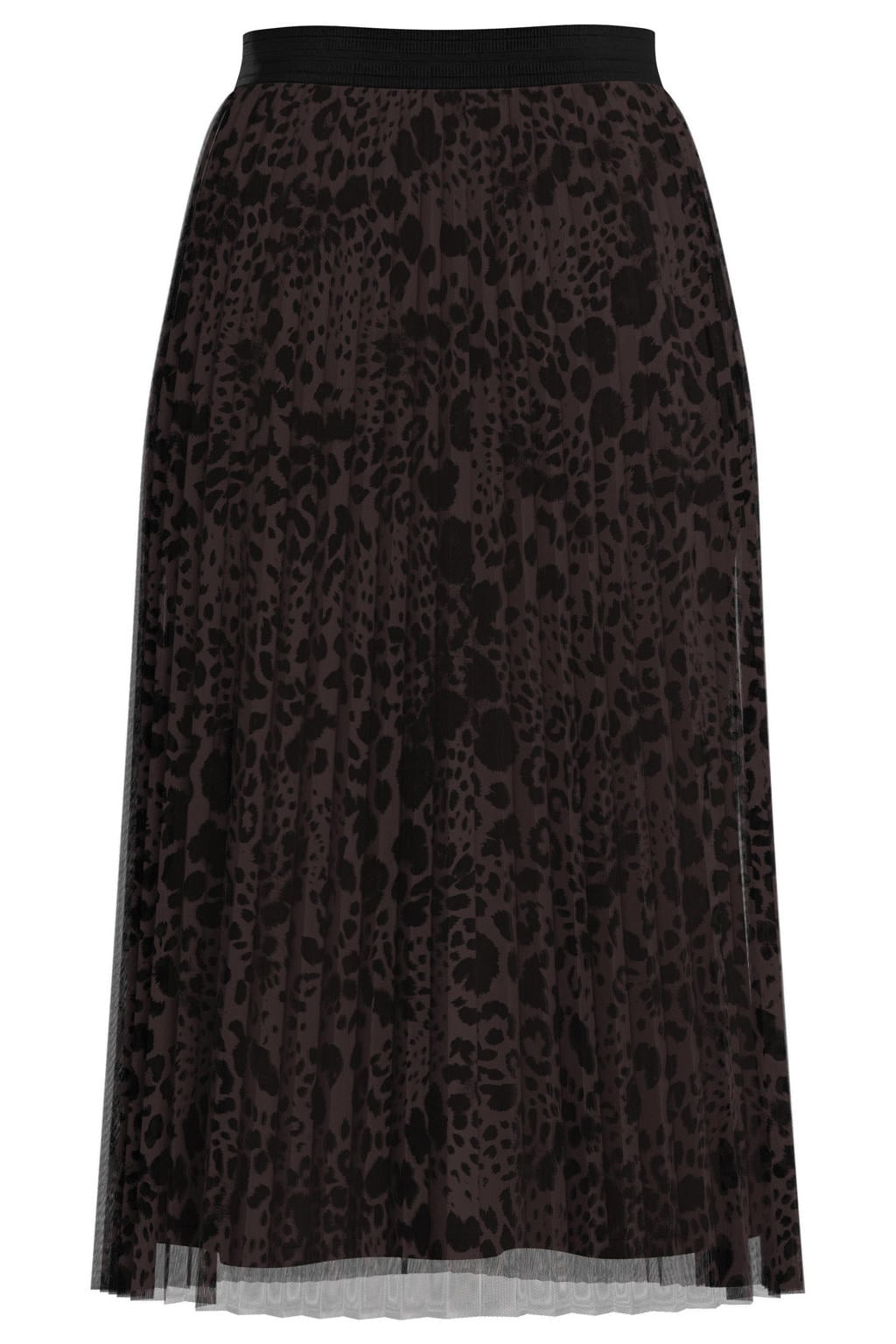 Donkerbruin en zwarte dames s.Oliver BLACK LABEL semi-transparante midi plissé rok met panterprint voorzien van