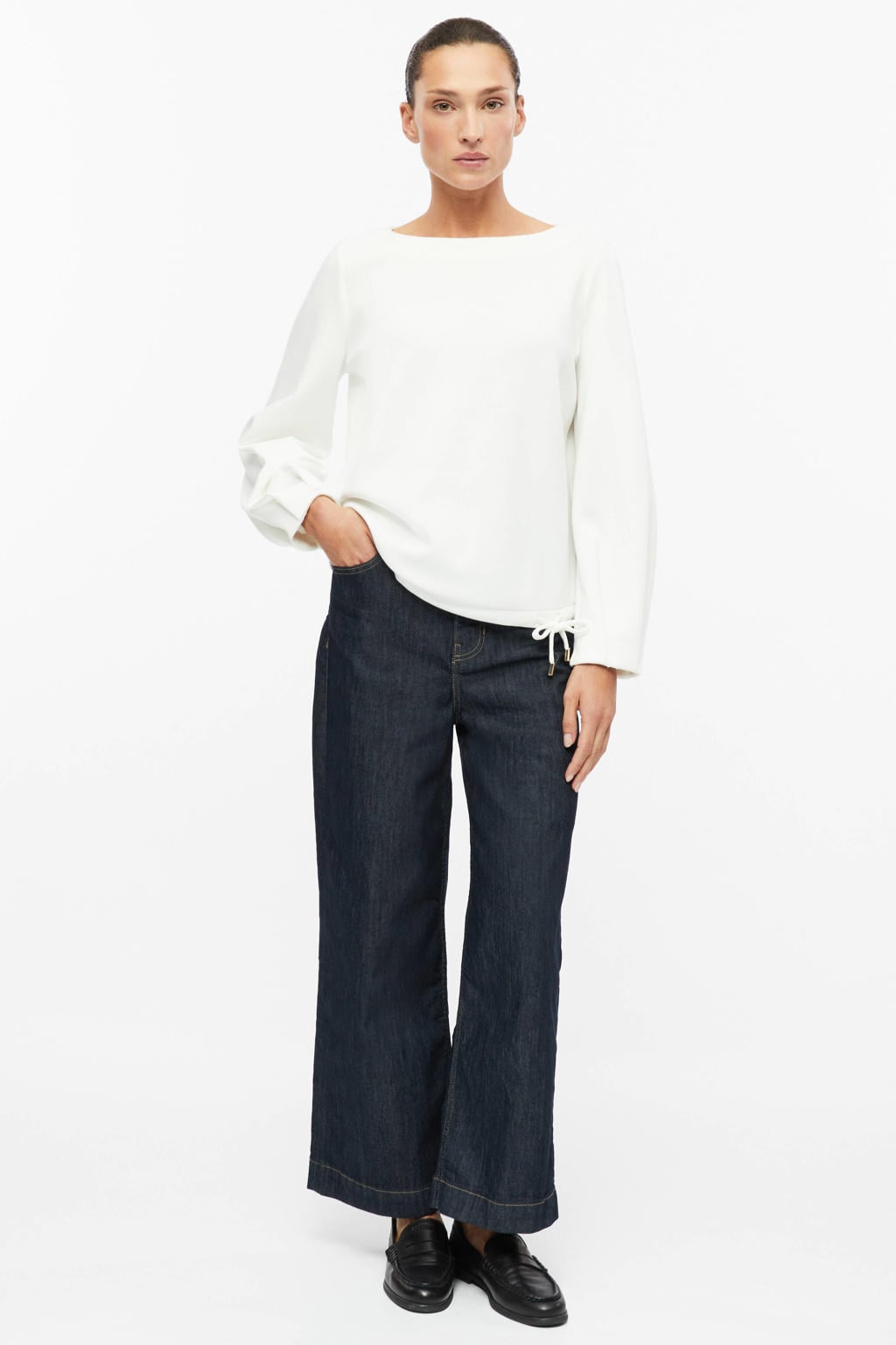 Witte dames s.Oliver BLACK LABEL sweater van viscose met effen, lange mouwen, boothals en tunnelkoord