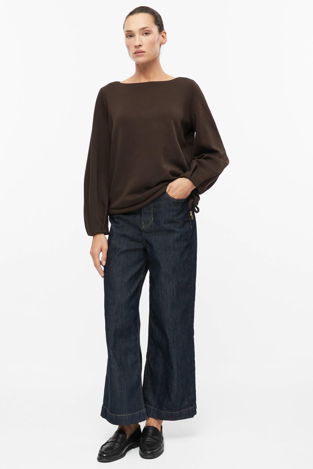 Donkerblauwe dames s.Oliver BLACK LABEL sweater van viscose met effen, lange mouwen, boothals en tunnelkoord