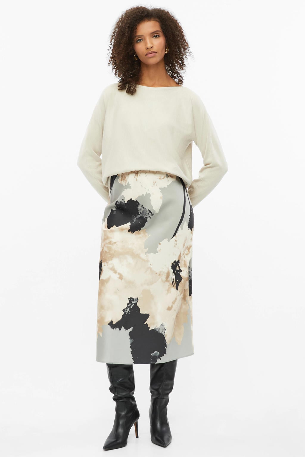 Beige dames s.Oliver BLACK LABEL gebreide trui van viscose met effen, lange mouwen en boothals