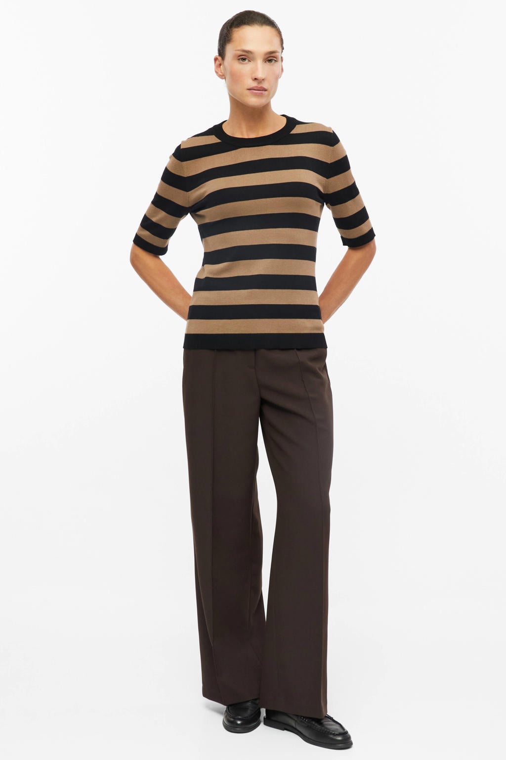 Beige en donkerblauwe dames s.Oliver BLACK LABEL gebreide gestreepte trui van viscose met lange mouwen en ronde hals