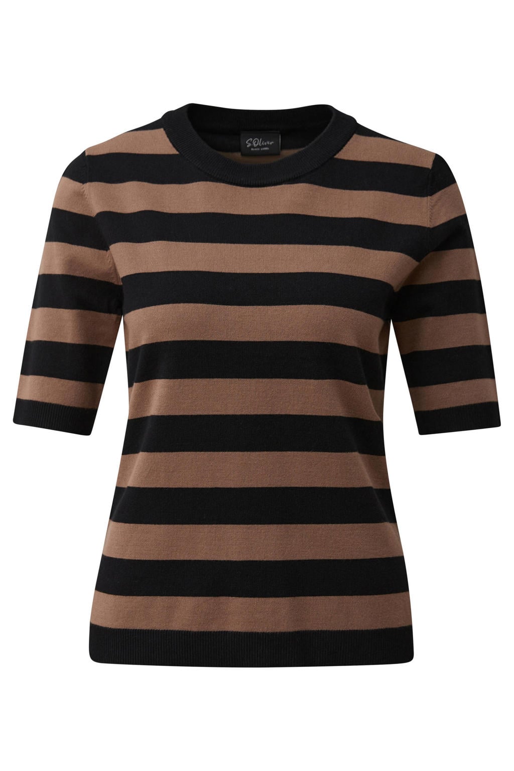 Beige en donkerblauwe dames s.Oliver BLACK LABEL gebreide gestreepte trui van viscose met lange mouwen en ronde hals