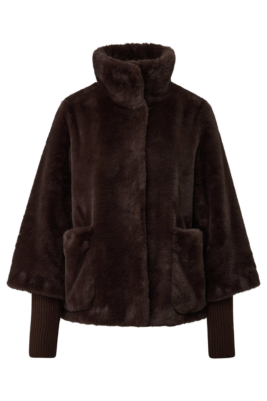 Donkerblauwe dames s.Oliver BLACK LABEL imitatiebont faux fur jas met effen, lange mouwen, opstaande kraag en drukknoopsluiting