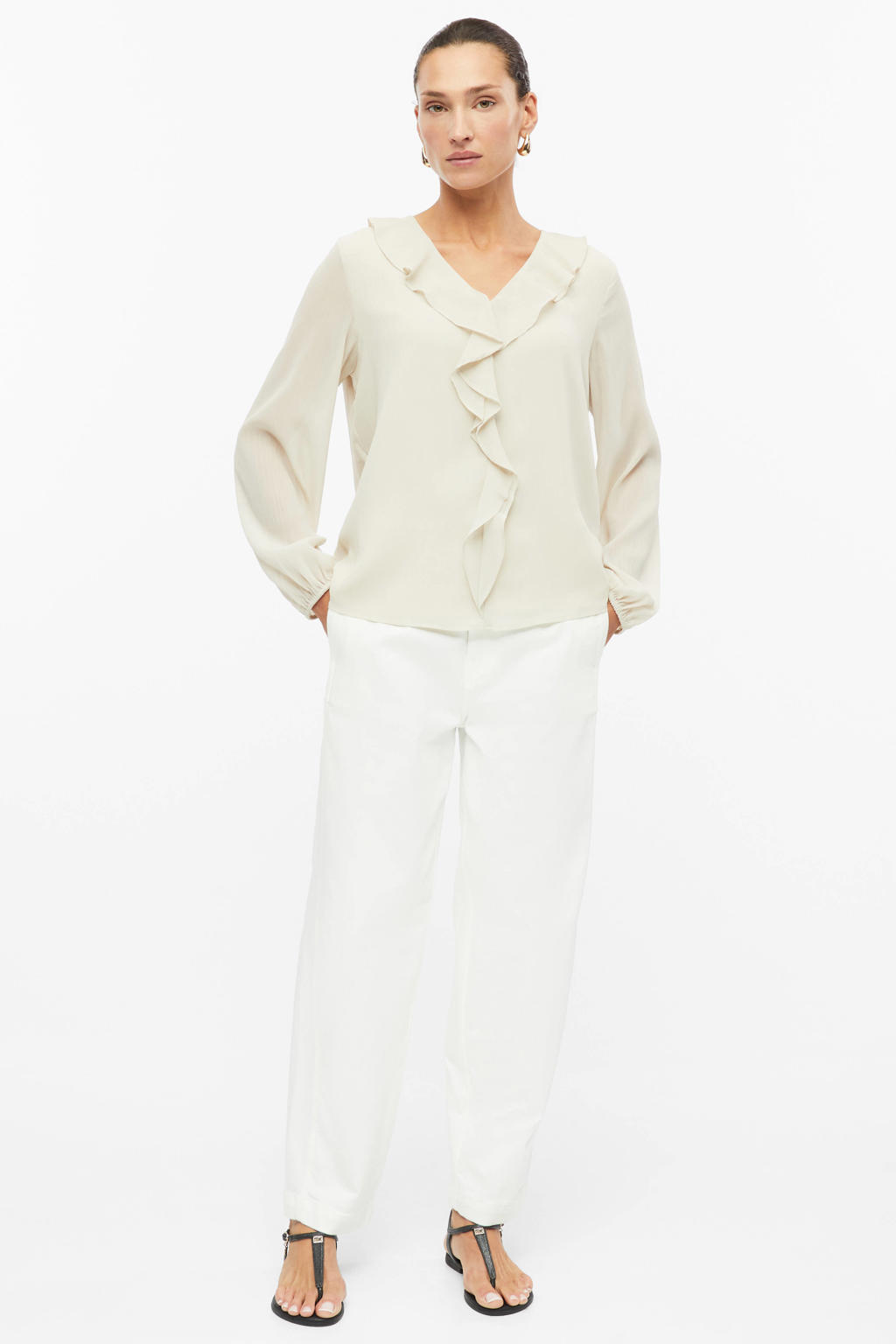 Ecru dames s.Oliver BLACK LABEL blousetop van polyester met effen, lange mouwen en V-hals