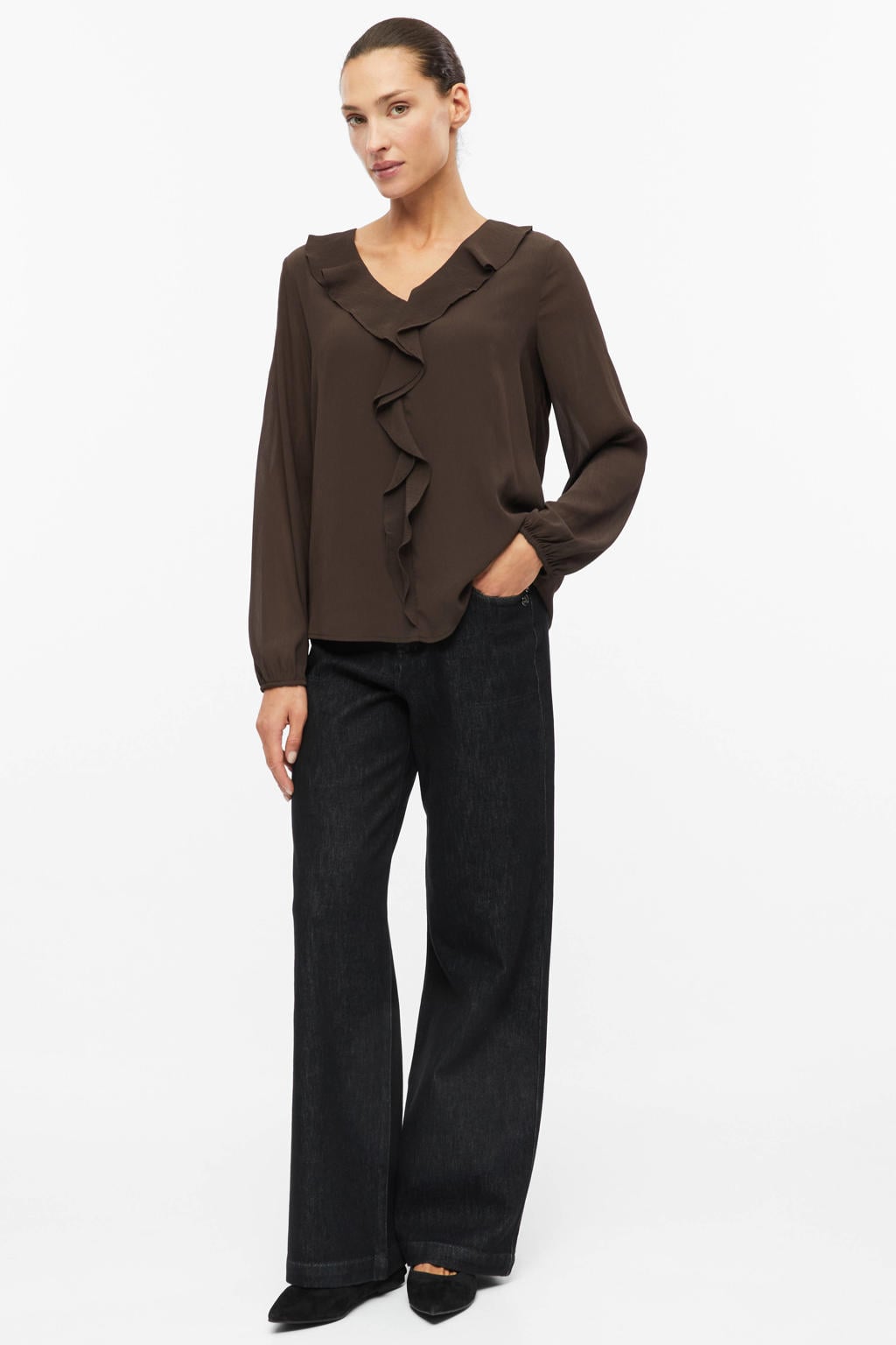 Donkerblauwe dames s.Oliver BLACK LABEL blousetop van polyester met effen, lange mouwen en V-hals