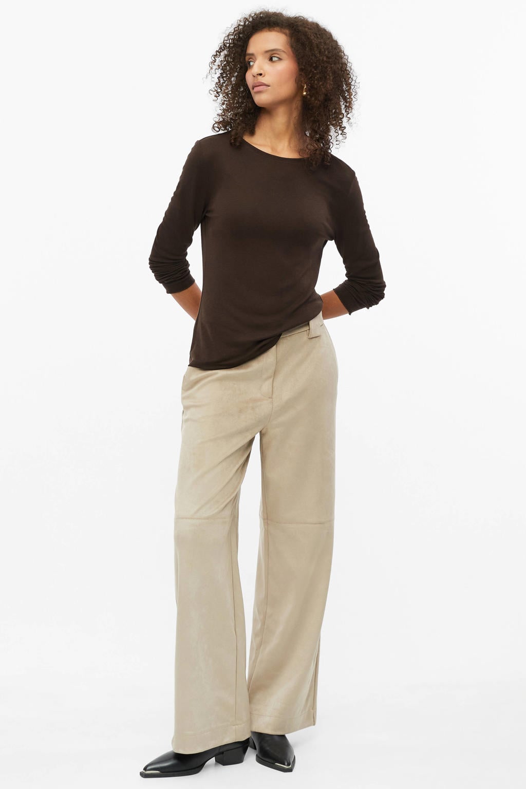 s.Oliver BLACK LABEL suèdelook straight leg casual broek met plooien - lichtbruin