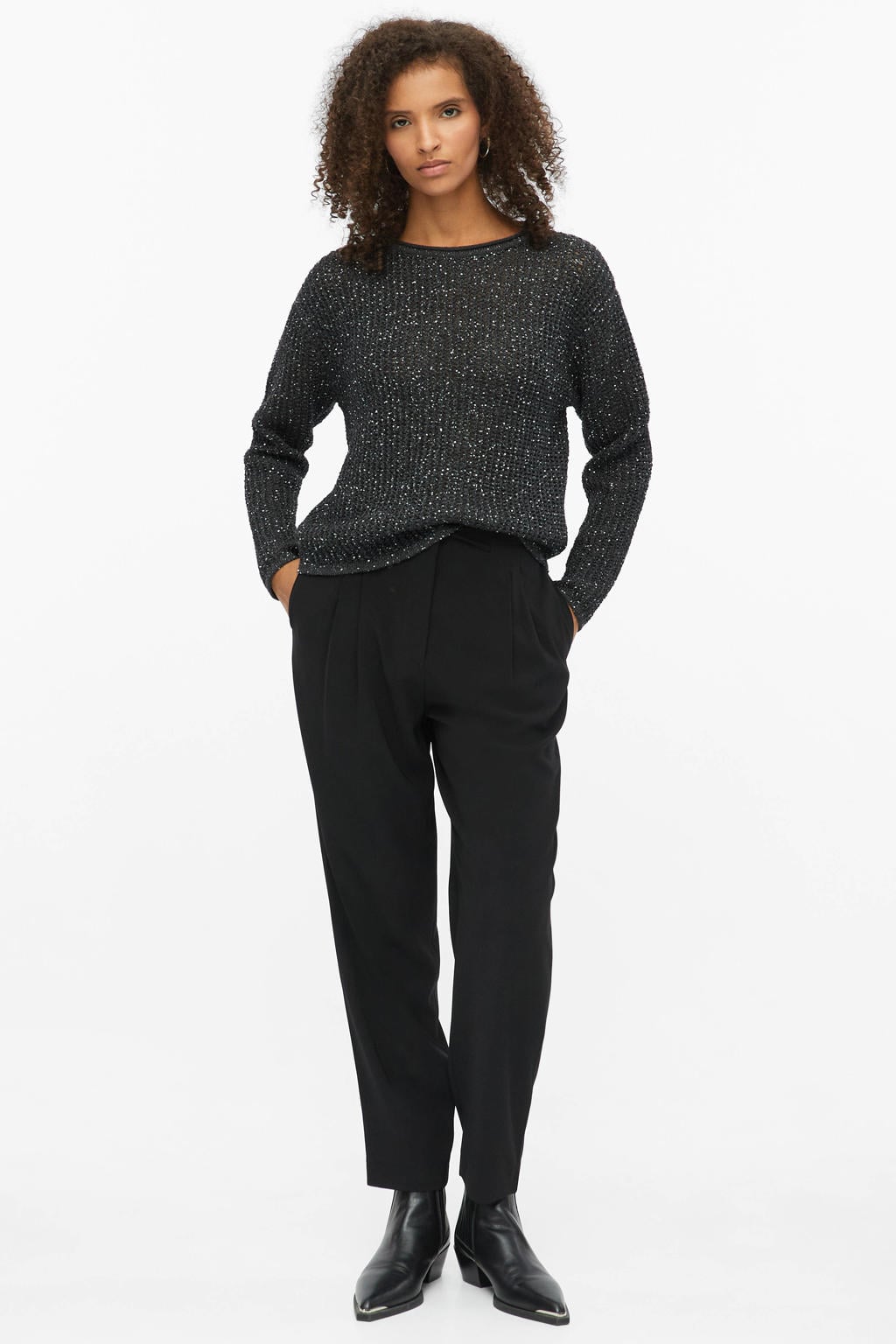 Antraciete dames s.Oliver BLACK LABEL gebreide trui van wol met effen, lange mouwen en ronde hals