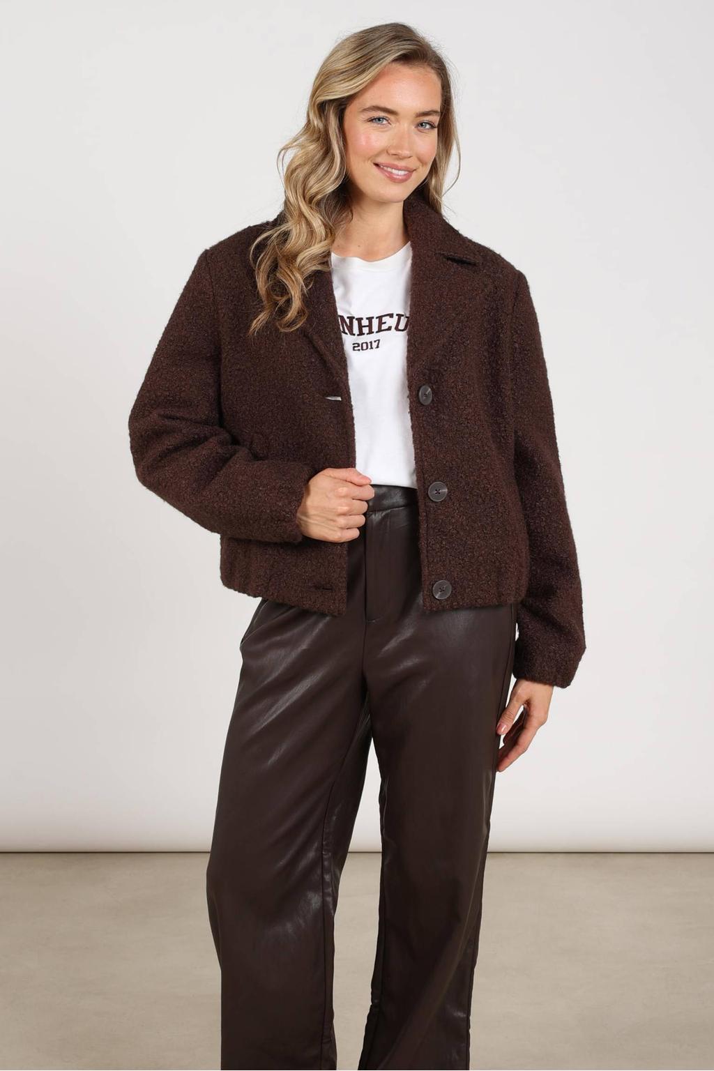 Donkerblauwe dames NUKUS teddy jas van bouclé met effen, lange mouwen, reverskraag en knoopsluiting