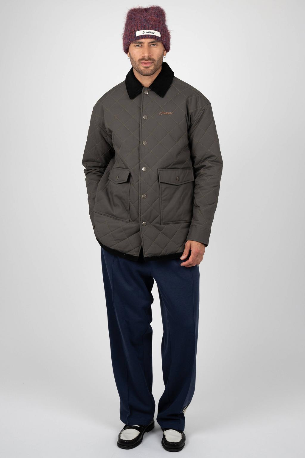Grijsgroene heren Prohibited quilted jas van polyester met effen, lange mouwen, drukknoopsluiting en corduroy
