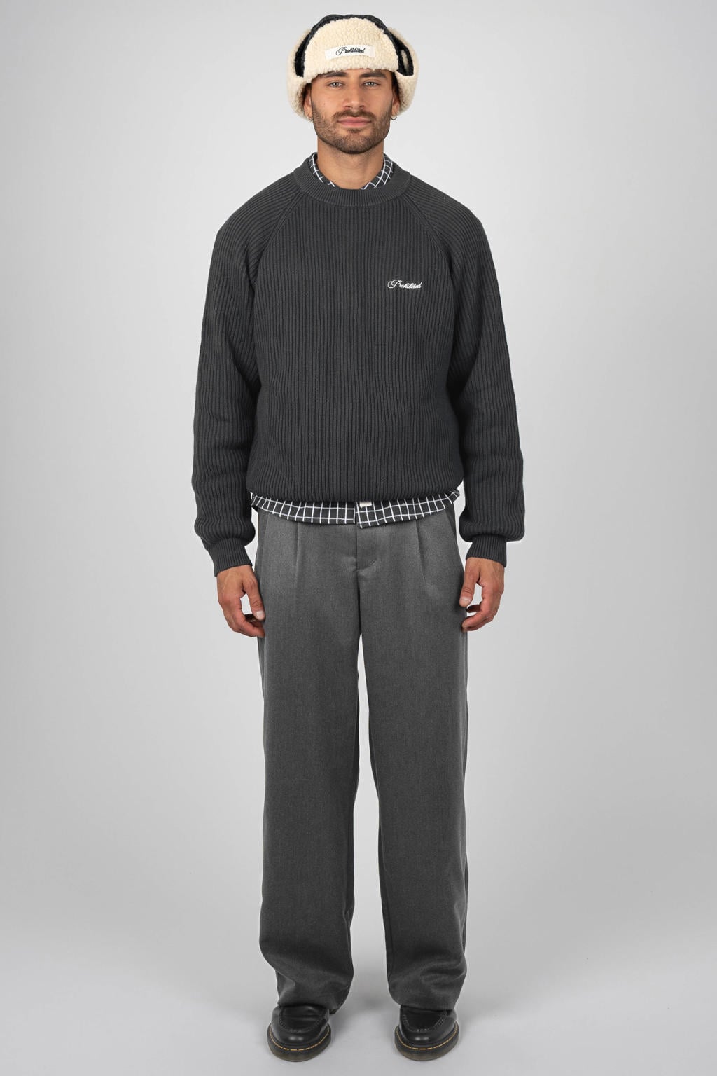 Grijze heren Prohibited katoenen oversized gebreide trui met lange mouwen en ronde hals